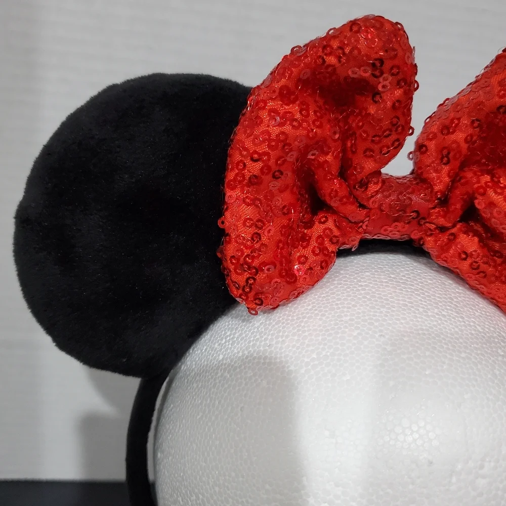 Disney Parks Minnie Mouse Black Plush Ears Red Seqin Bow Headband L👀K
